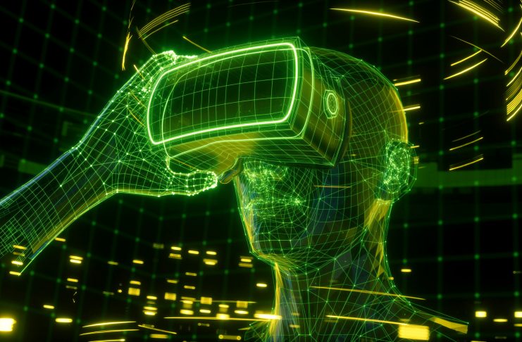 3D render, visualization of a man holding virtual reality glasses, electronic device, head surrounded by virtual data with neon green grid. Player one ready for the VR game. Virtual experience.