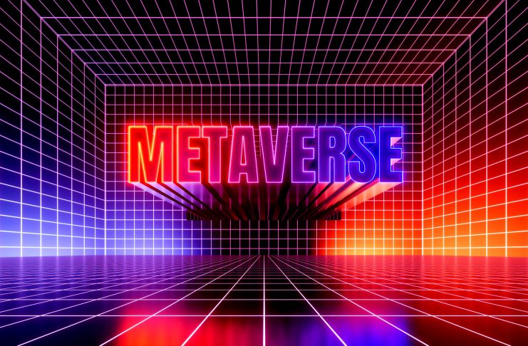 3d render, abstract futuristic background. Metaverse sign glowing with violet red neon light inside the empty virtual room, cyber space