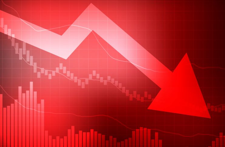 Vector : Decreasing graph and arrow on red background