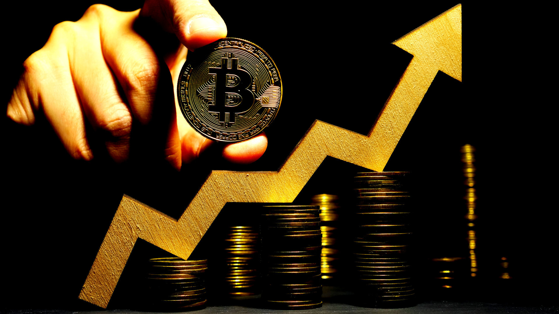 Growth up of Bitcoin btc price. Arrow and coin. Crypto trading.