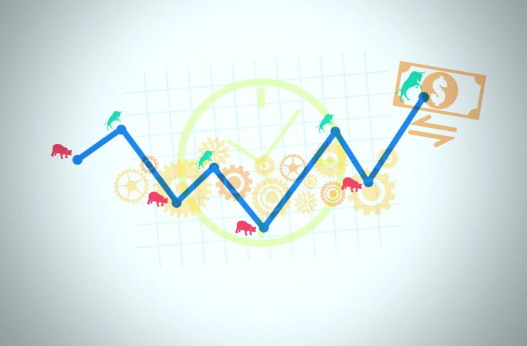 Financial and stock investment market concept. Fluctuation of value which price is rising up and falling down along the way.