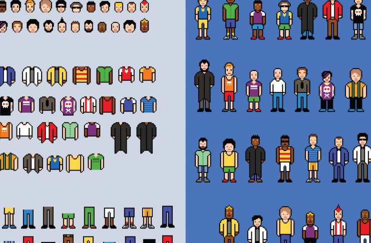 Pixel art man avatar creator, set of video game style elements, isolated vector illustration