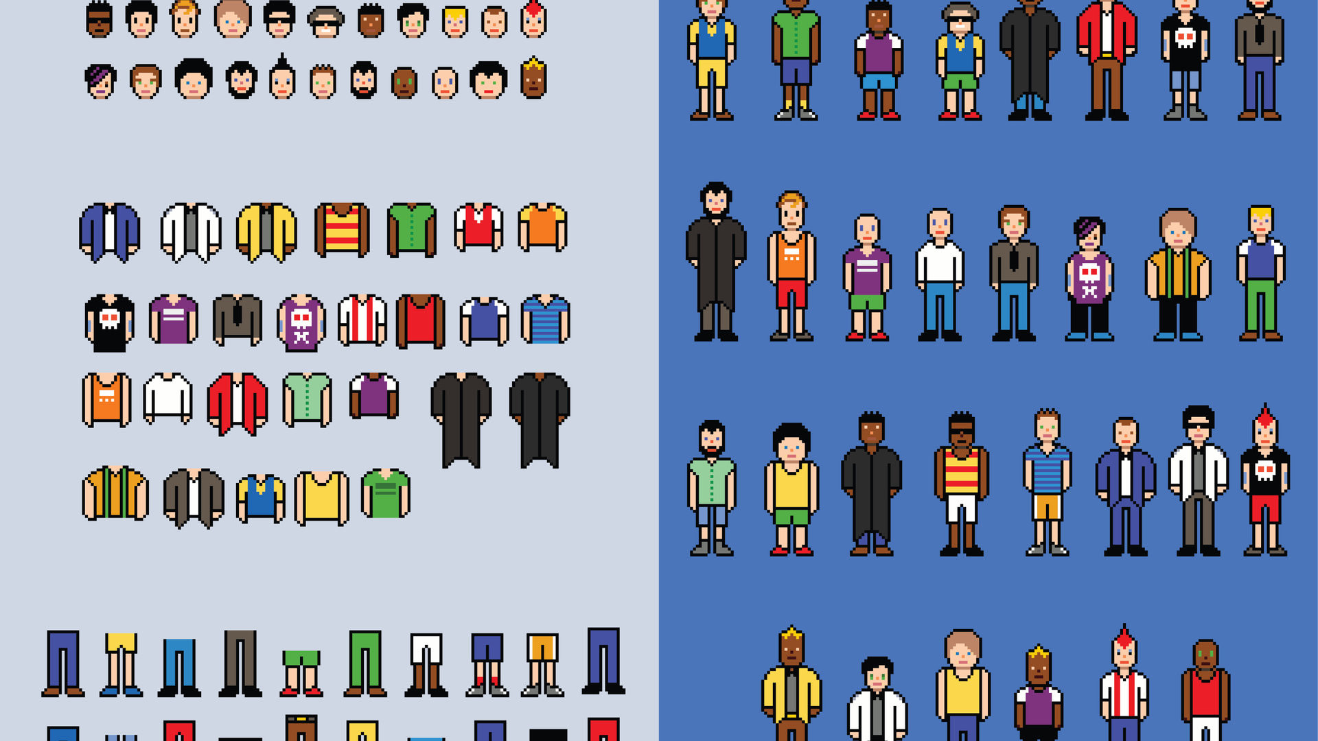Pixel art man avatar creator, set of video game style elements, isolated vector illustration
