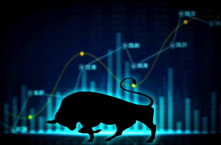 Bull market concept with stock chart and the indicator show an uptrend / stock market bull finance safe trend investment business and positive market