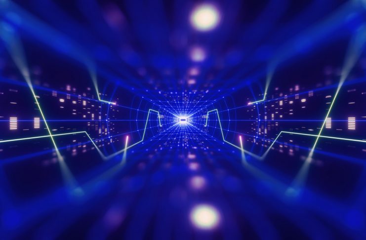 3d render, colorful neon virtual reality tunnel, abstract geometric background. Virtual data with neon blue lines and dots. Player begins the VR game. VR experience. View with depth of field.