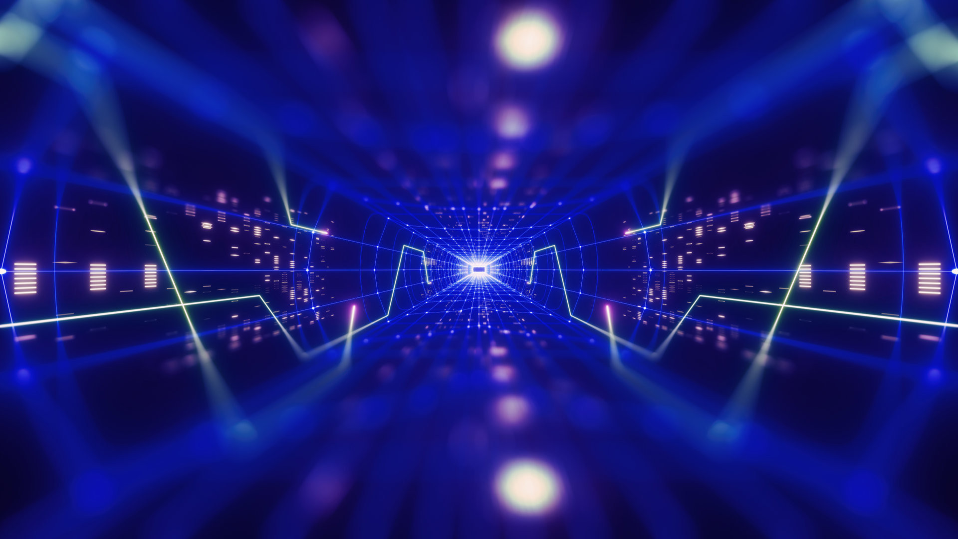 3d render, colorful neon virtual reality tunnel, abstract geometric background. Virtual data with neon blue lines and dots. Player begins the VR game. VR experience. View with depth of field.