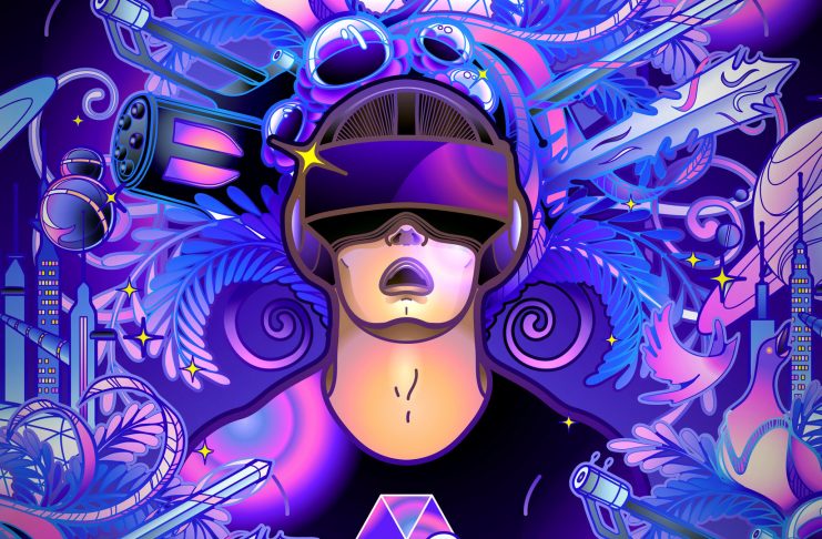 Graphic man wearing virtual reality headset