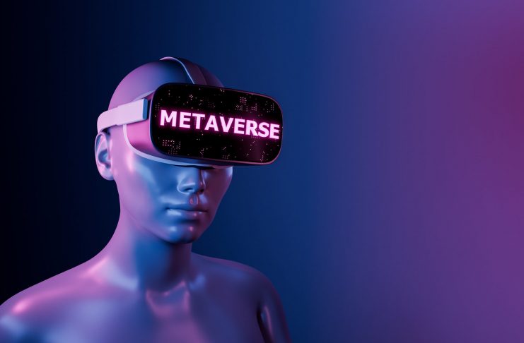 close up of a girl with VR glasses and illuminated sign with the word METAVERSE. futuristic concept of video games, NFT, VR and crypto. 3d rendering