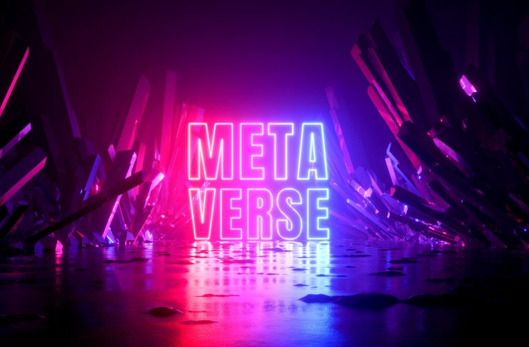 3d render, abstract fantastic background with cosmic landscape with crystals and Metaverse word glowing with neon light