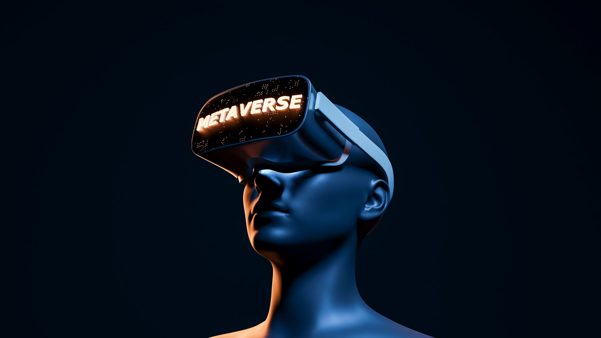 conceptual and futuristic 3d woman with virtual reality goggles and illuminated METAVERSE sign. futuristic concept of video games, NFT, VR and crypto. 3d rendering