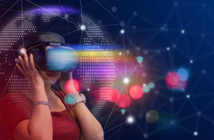 Young girl play VR virtual reality goggle and experiences of metaverse virtual world on colorful. Visualization and simulation, 3D, AR, VR, Innovation of futuristic, Metaverse Technology concepts.