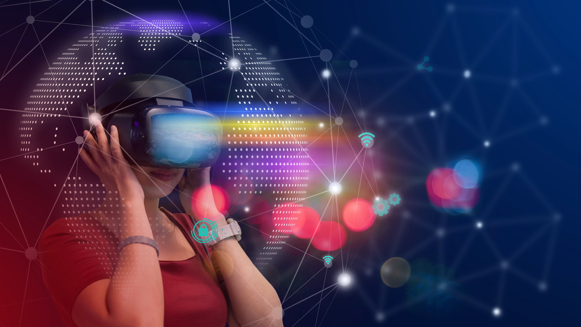 Young girl play VR virtual reality goggle and experiences of metaverse virtual world on colorful. Visualization and simulation, 3D, AR, VR, Innovation of futuristic, Metaverse Technology concepts.
