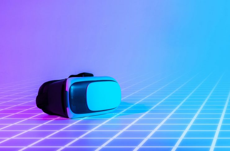 Virtual reality glass VR. 3d digital glasses on futuristic neon tech background. Amazing technology, online game, entertainment, study and virtual world