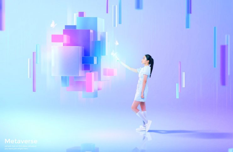 Asian woman experiencing metaverse virtual space