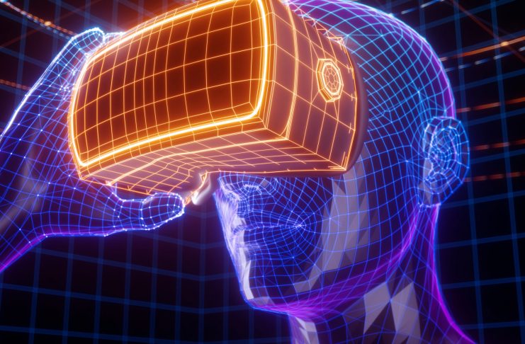 3D render of virtual man holding virtual reality glasses surrounded by virtual data with neon orange lines and dots. Player begins the VR game. VR experience.