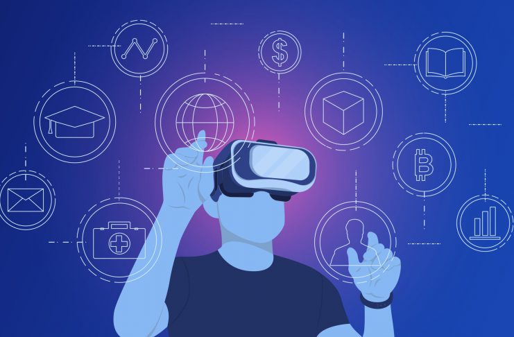 Man wearing VR glasses virtual Global Internet connection metaverse with a new experience in metaverse virtual world. Metaverse technology concept Innovation of futuristic.Vector illustration.