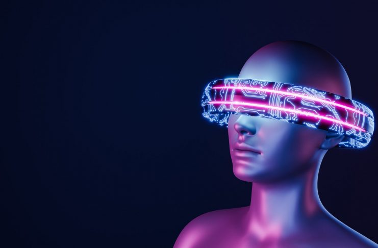 3d girl with electronic ring covering her eyes. neon lights. futuristic concept of virtual reality, video games, technology, metaverse and crypto. 3d rendering