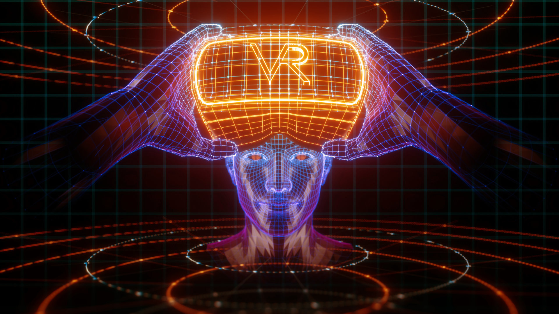 3D render, visualization of a man holding virtual reality glasses, electronic device, head surrounded by virtual data with neon grid. User interface. Player one ready for the game. Virtual experience.
