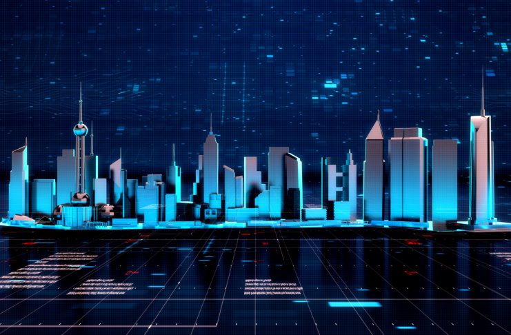 Panorama view of Metaverse, Futuristic city neon light with power energy tron light background. Digital technology Concept Background. Cityscape Futuristic 3D render.