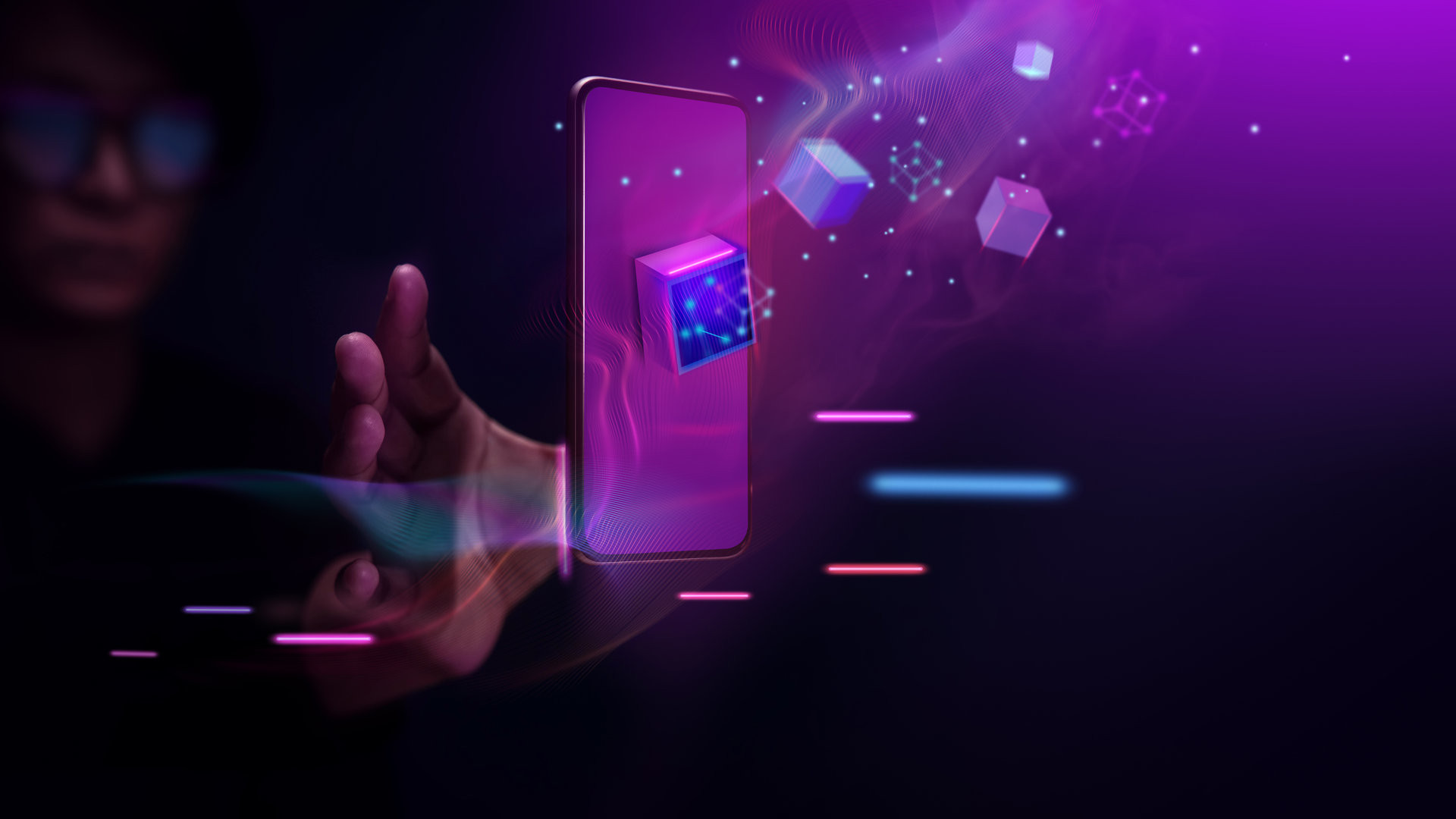Metaverse and Blockchain Technology Concepts. Person with an Experiences of Metaverse Virtual World via Smart Phone. Futuristic Tone. Conceptual Photo