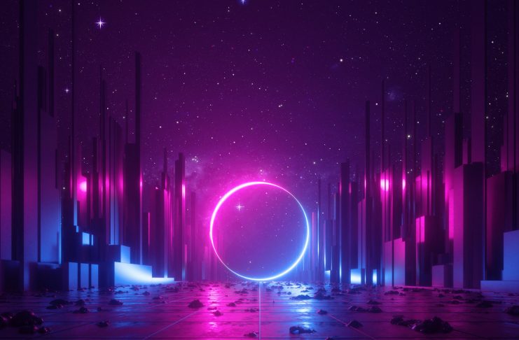 3d abstract neon background, cyber space virtual reality urban scene, glowing round shape portal at the end of the street, fantastic city, minimal skyscrapers, post apocalyptic concept, night sky