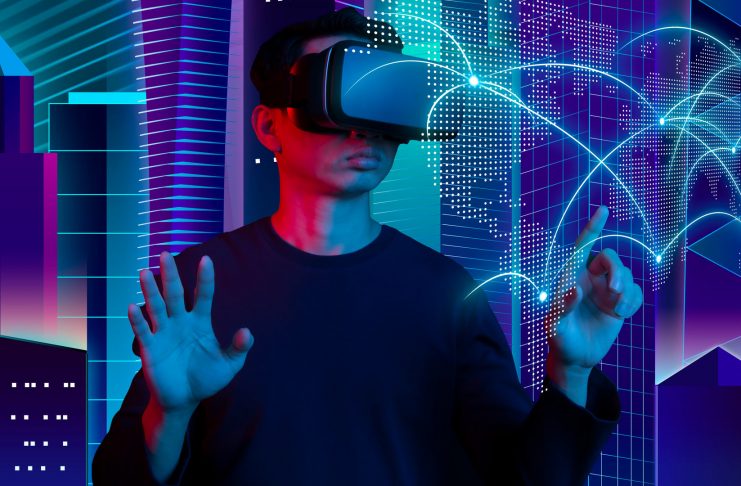 Metaverse virtual reality, augmented reality technology world connection. Man using VR glasses touch map.