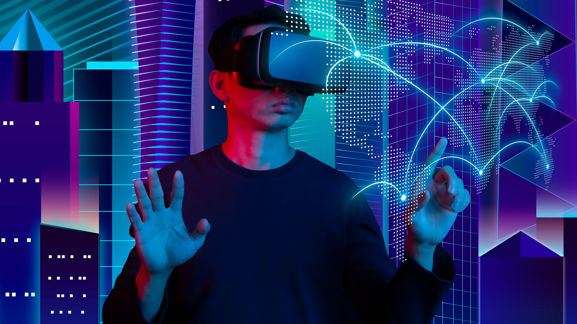Metaverse virtual reality, augmented reality technology world connection. Man using VR glasses touch map.
