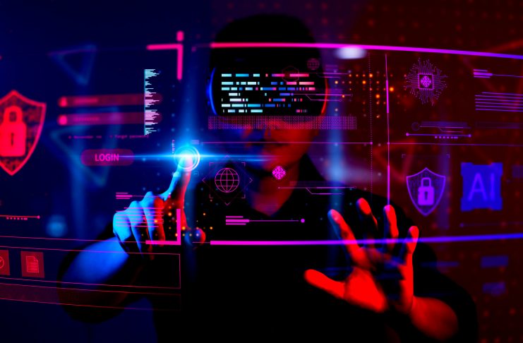 Young man wearing VR goggles. Metaverse technology virtual reality concept. Virtual Reality Device, Simulation, 3D, AR, VR, Innovation and Technology of the Future on Social Media.
