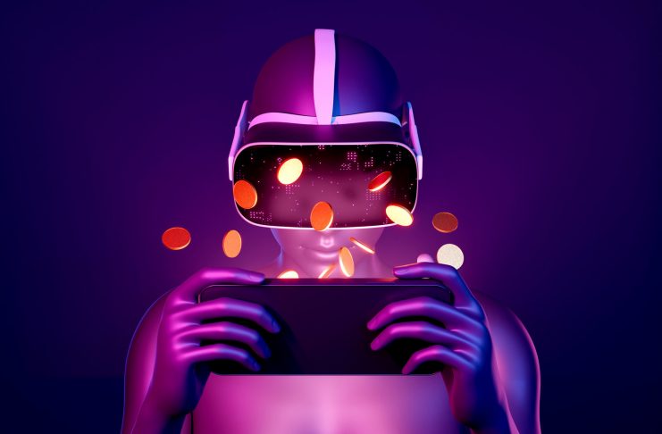 closeup of a 3d girl playing with mobile phone with VR goggles and coins around. neon lights. futuristic concept of metaverse, play to earn, nft and cryptocurrencies. 3d rendering