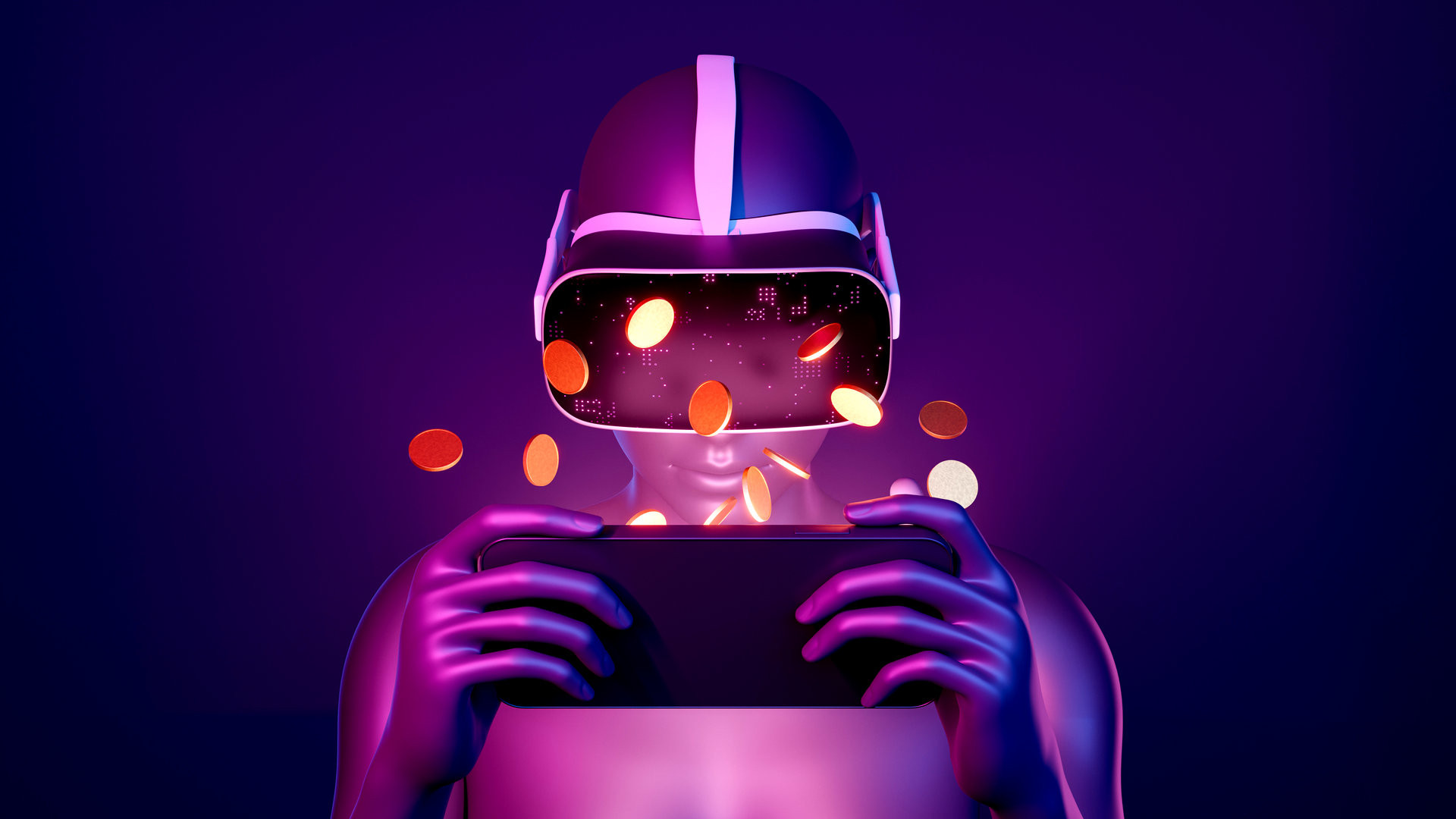 closeup of a 3d girl playing with mobile phone with VR goggles and coins around. neon lights. futuristic concept of metaverse, play to earn, nft and cryptocurrencies. 3d rendering