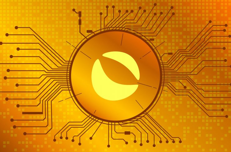 Terra LUNA cryptocurrency token symbol of the DeFi project in circle with PCB tracks on gold background. Currency icon. Decentralized finance programs. Vector EPS10.