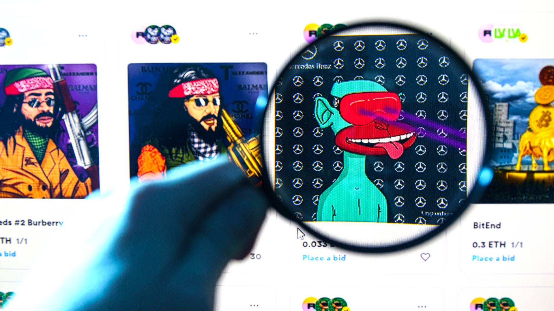 NFTs on screen. A non-fungible token (NFT) is a unique digital asset that represents ownership of real-world items like art, video clips, music, and more