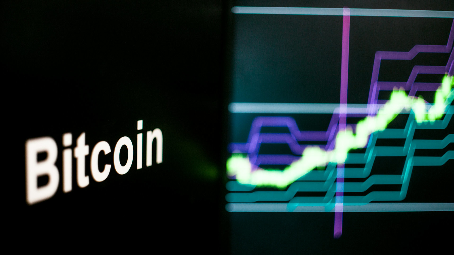Bitcoin Cryptocurrency token. Rise in price and Growth of quotations, the green graph up. The behavior of the cryptocurrency exchanges, concept. Modern financial technologies.