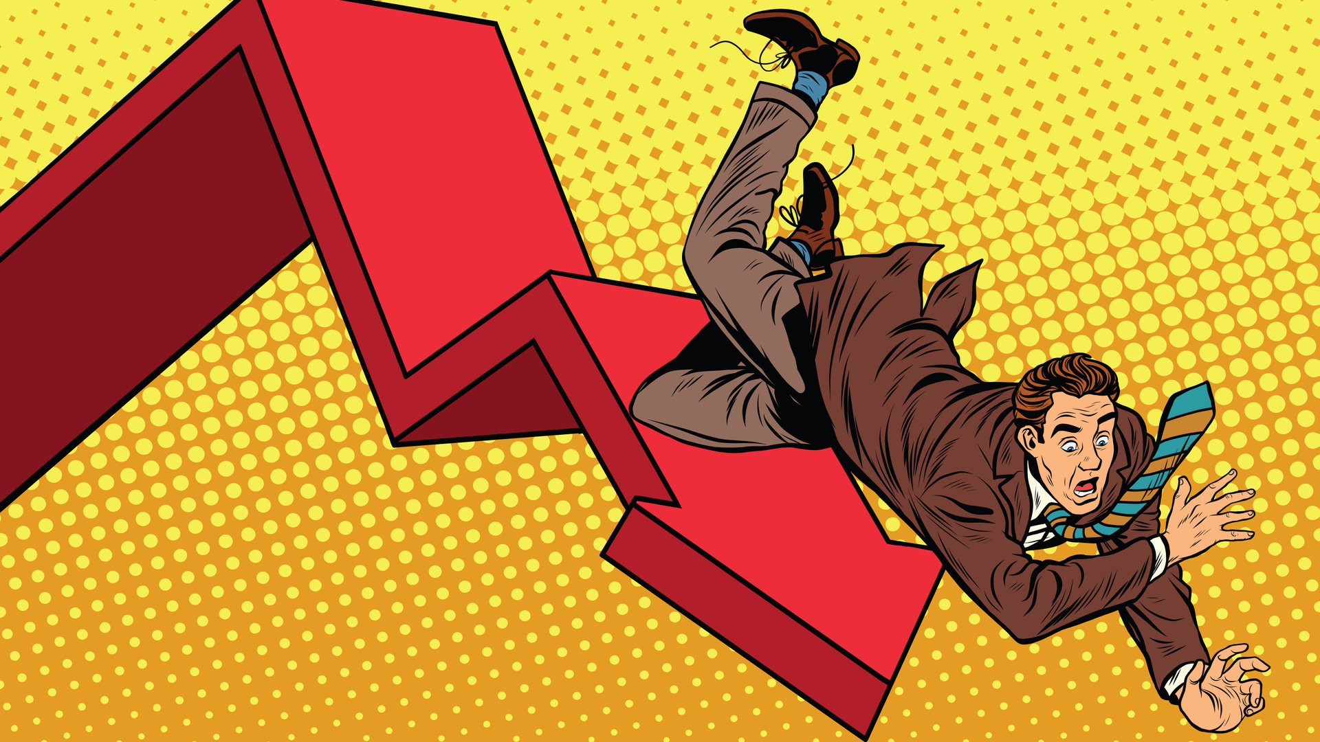 Business male financial collapse, fall and ruin pop art retro vector illustration
