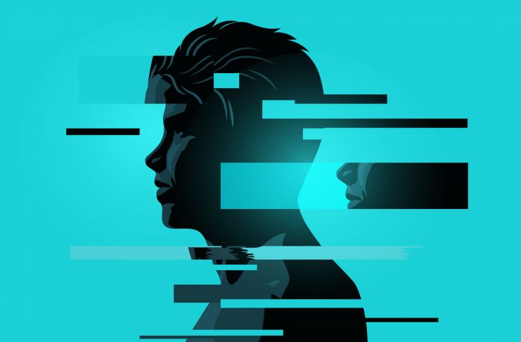 Image Of a Man With Glitch Fragments.Mental health issues. Anxiety, mindfulness and awareness concept. Vector illustration.