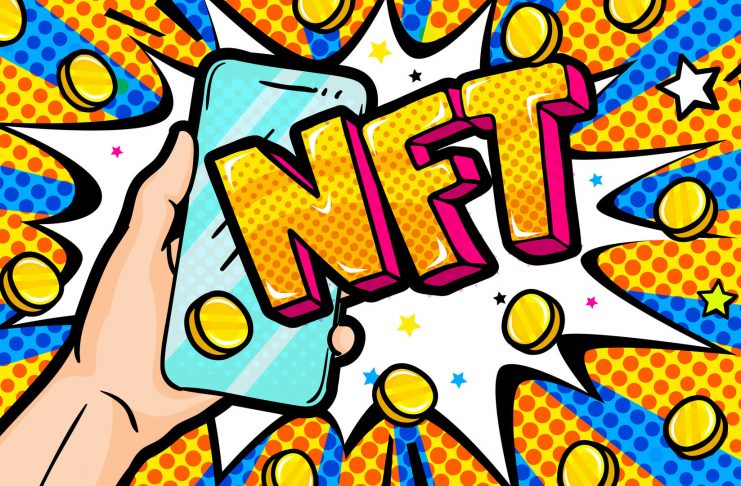 Concept of non fungible token. Hand holding a phone with Text NFT in pop art style. Pay for unique collectibles in games or art. Vector illustration.