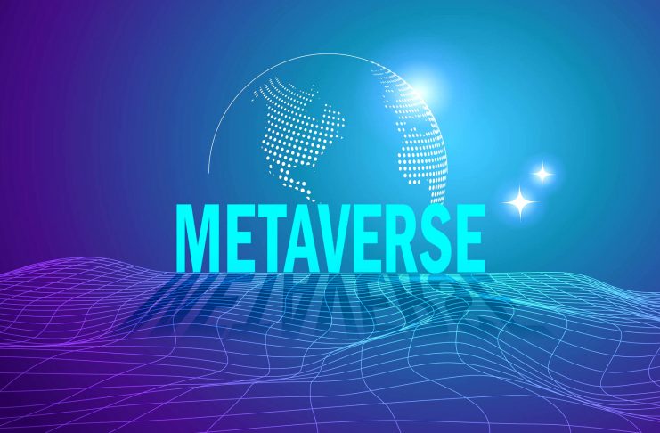 Metaverse, virtual reality, augmented reality and blockchain technology, user interface 3D experience. Word metaverse with world map globe in futuristic environment background.