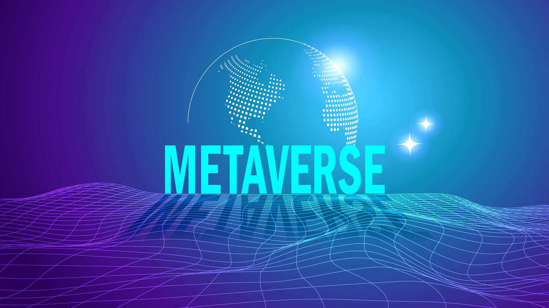 Metaverse, virtual reality, augmented reality and blockchain technology, user interface 3D experience. Word metaverse with world map globe in futuristic environment background.