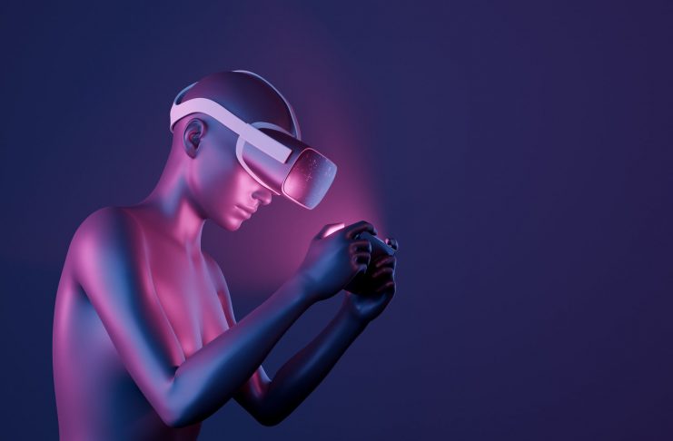 3d girl with virtual reality glasses playing with mobile phone. neon lights. futuristic concept of metaverse, play to earn, nft and cryptocurrencies. 3d rendering