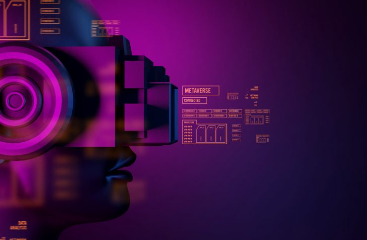 metaverse vr world simulation gaming cyberpunk style, digital robot ai, 3d illustration rendering, virtual reality device
