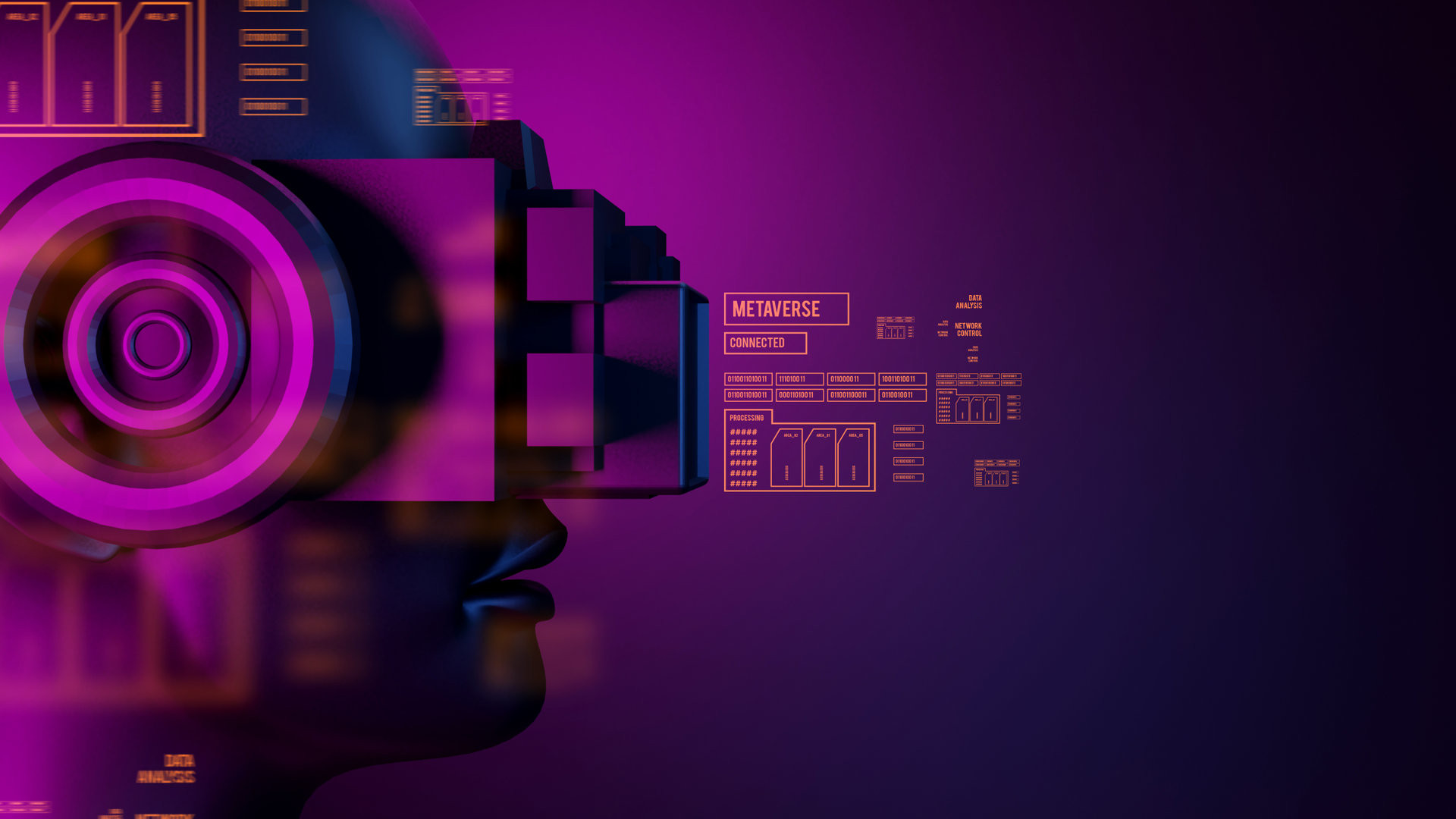 metaverse vr world simulation gaming cyberpunk style, digital robot ai, 3d illustration rendering, virtual reality device