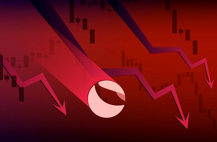 Terra LUNA in downtrend and price falls down on dark red background. Cryptocurrency coin symbol and red down arrow. Cryptocurrency trading crisis and crash. Vector illustration.