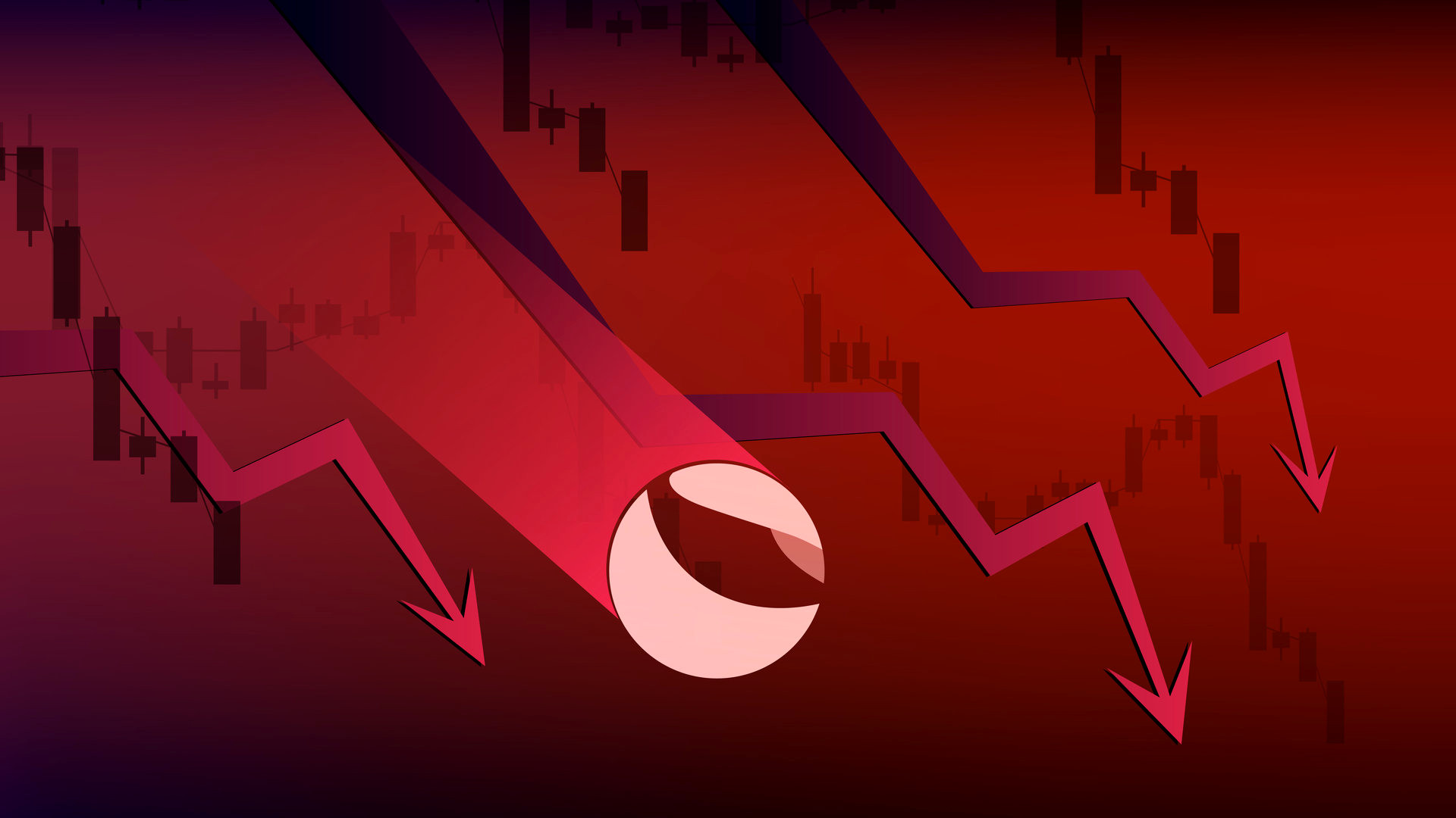 Terra LUNA in downtrend and price falls down on dark red background. Cryptocurrency coin symbol and red down arrow. Cryptocurrency trading crisis and crash. Vector illustration.