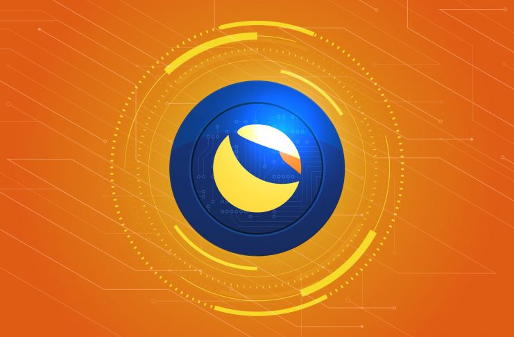 Terra coin (LUNA) with crypto currency themed banner. Terra or LUNA icon on modern neon color background.