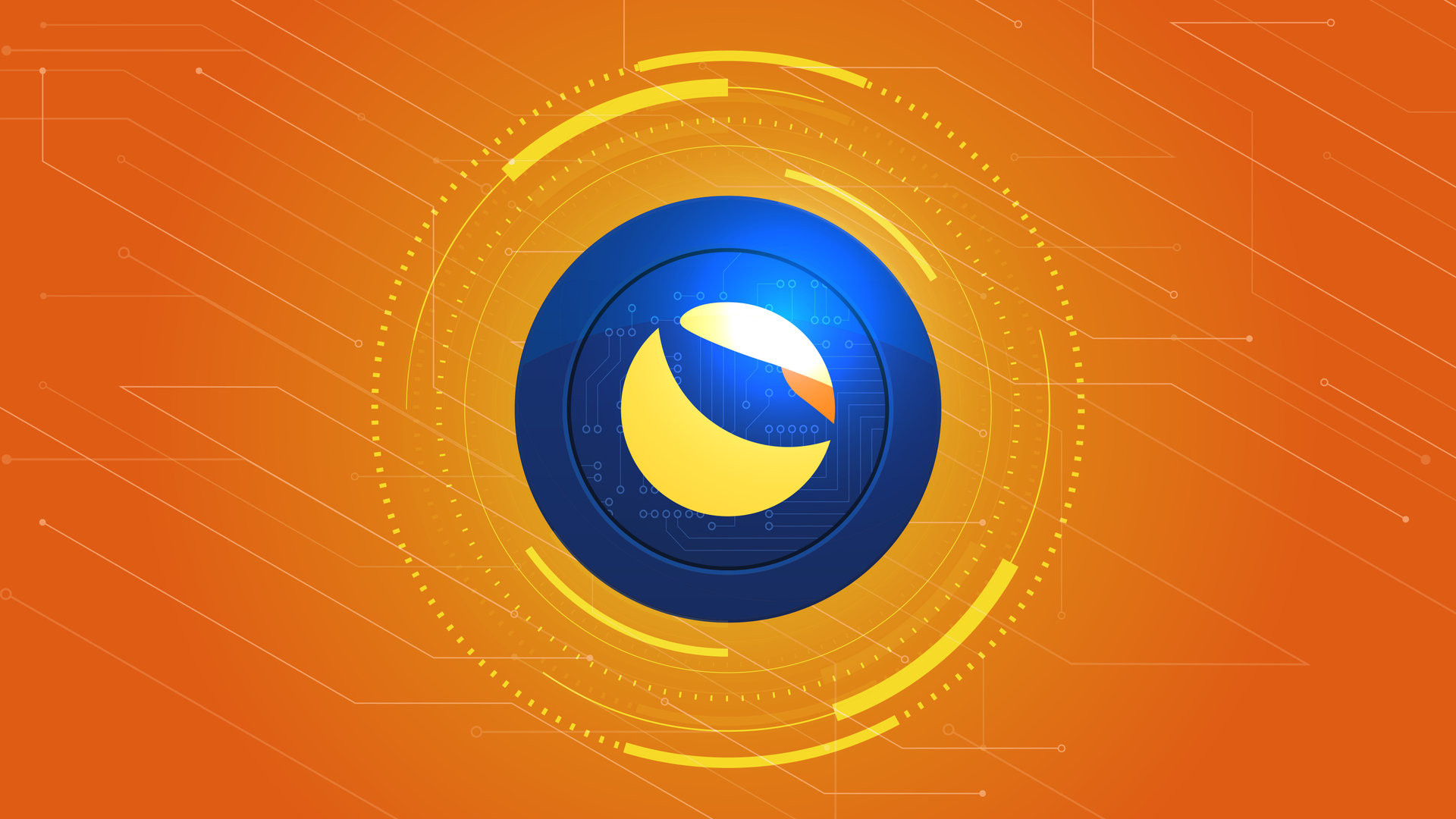 Terra coin (LUNA) with crypto currency themed banner. Terra or LUNA icon on modern neon color background.