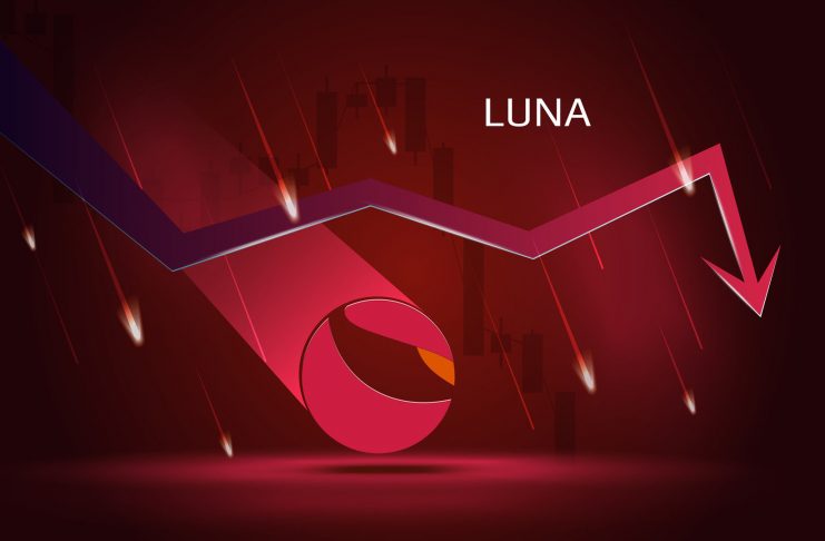 Terra LUNA in downtrend and price falling down on dark red background. Cryptocurrency coin symbol and red down arrow with falling meteors. Trading crisis and crash. Vector illustration.