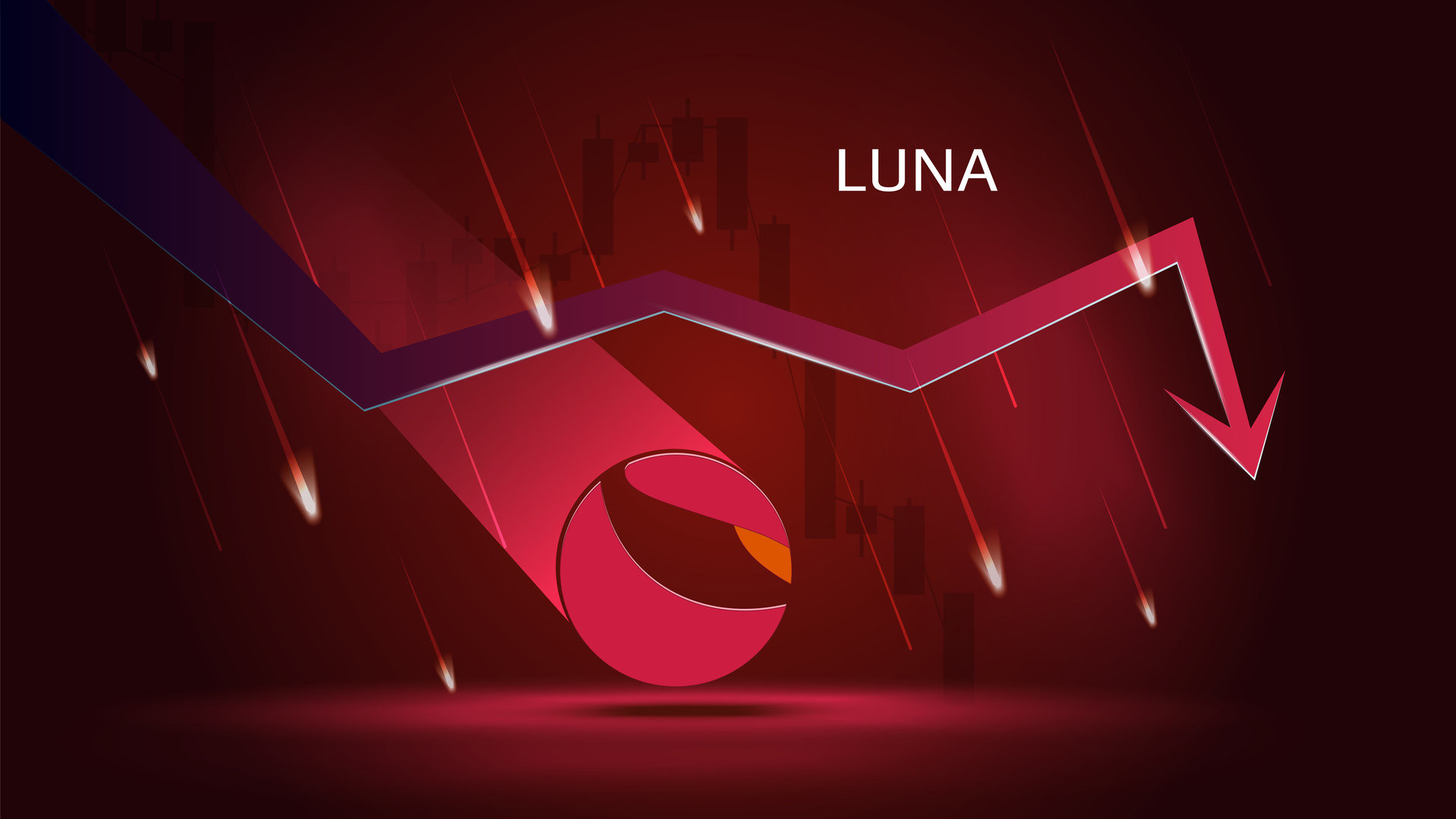 Terra LUNA in downtrend and price falling down on dark red background. Cryptocurrency coin symbol and red down arrow with falling meteors. Trading crisis and crash. Vector illustration.