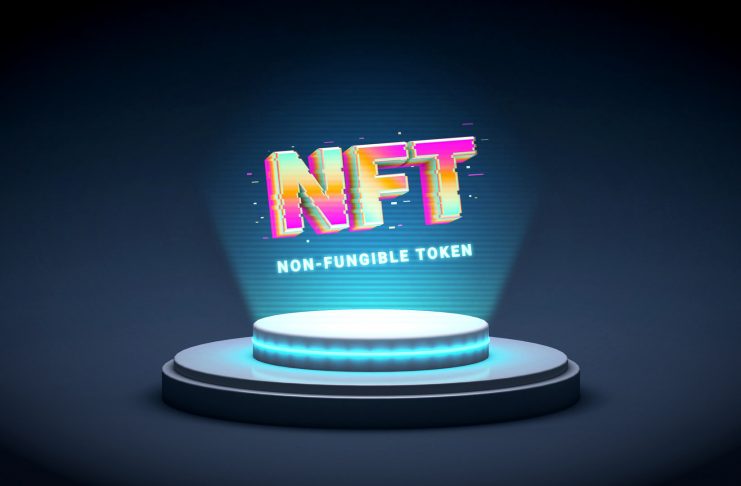 NFT non fungible token, crypto art in 3D rendering illustration. Platform showing NFT crypto art hologram. Virtual art and galleries using blockchain technology concept