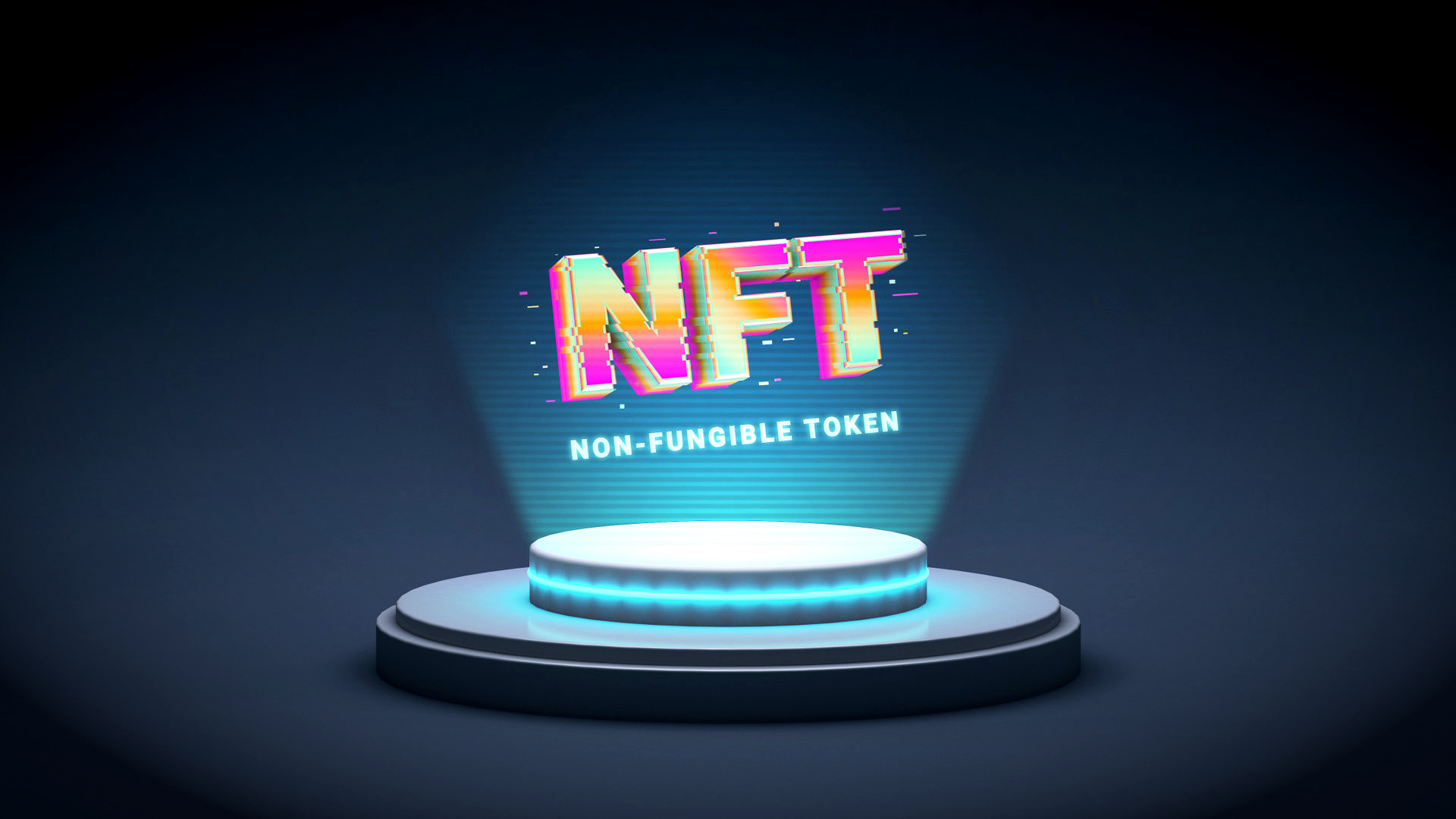 NFT non fungible token, crypto art in 3D rendering illustration. Platform showing NFT crypto art hologram. Virtual art and galleries using blockchain technology concept