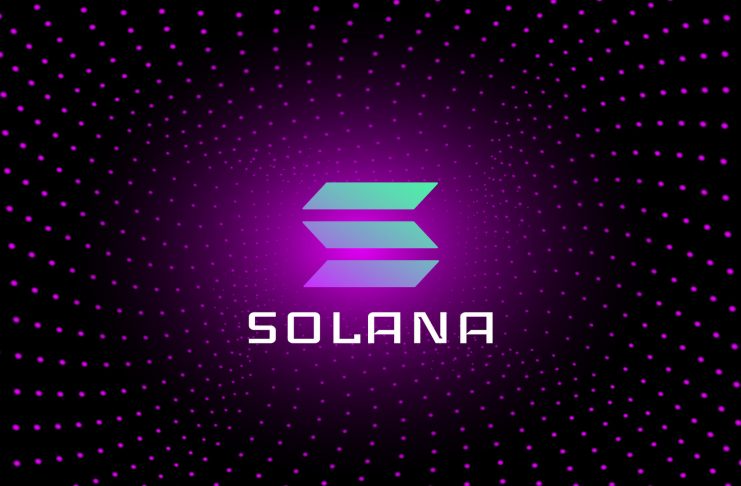 Solana SOL token symbol cryptocurrency in the center of spiral of glowing dots on dark background. Cryptocurrency logo icon for banner or news. Vector illustration.